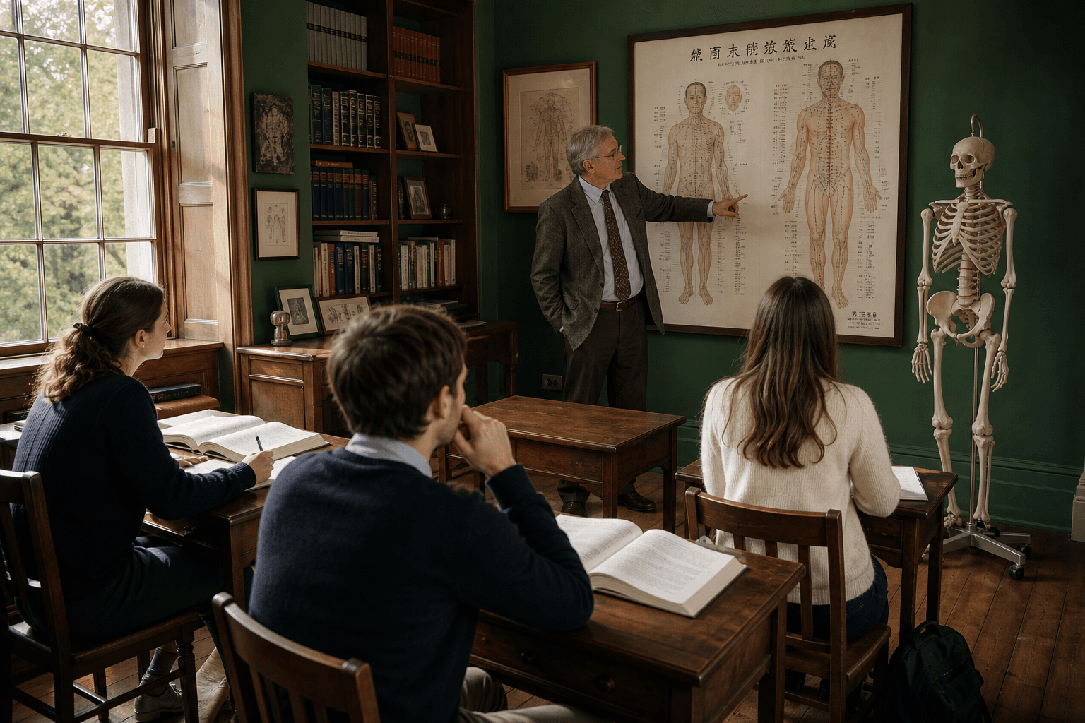 Students in a scholarly classroom studying anatomical charts and medical texts under natural light
