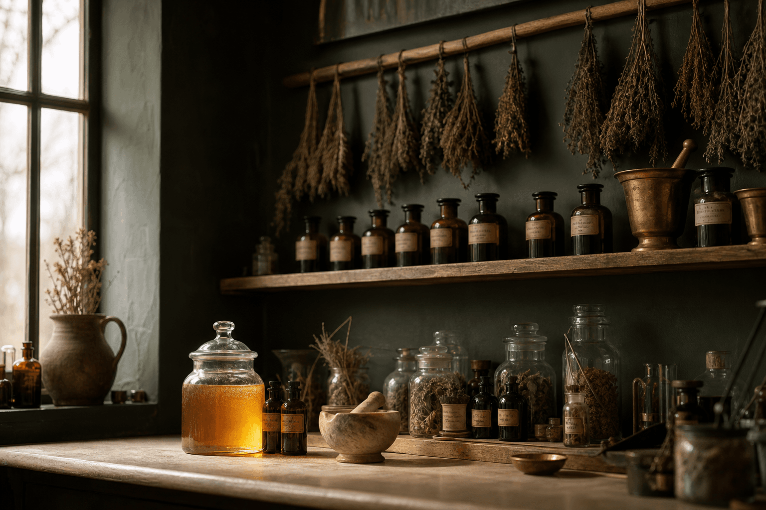 An apothecary dispensary with amber glass vessels of honey and oils arranged on aged wooden shelving