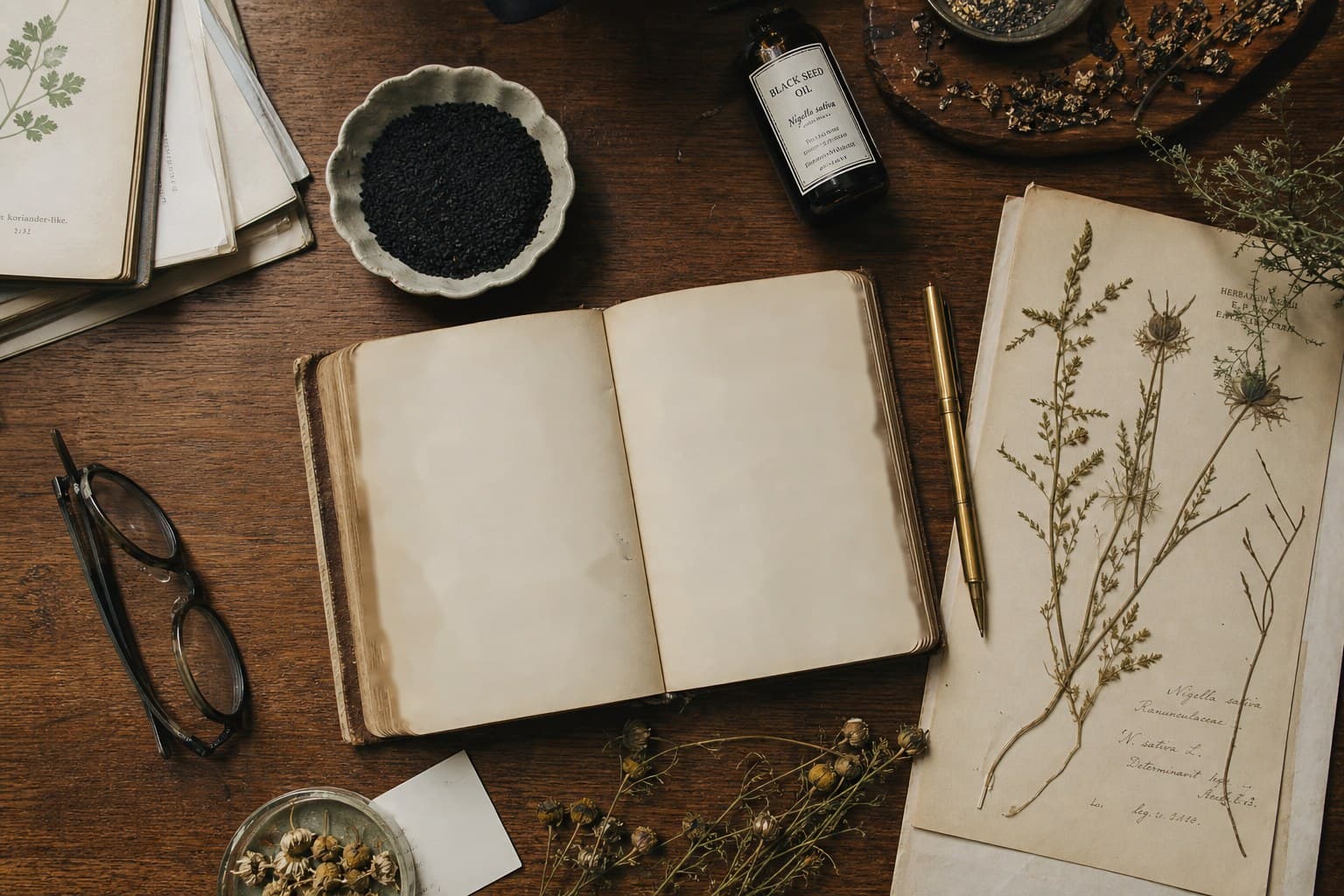 A desk with a bowl of black seed, a bottle of black seed oil, an open blank notebook and a pressed Nigella sativa specimen