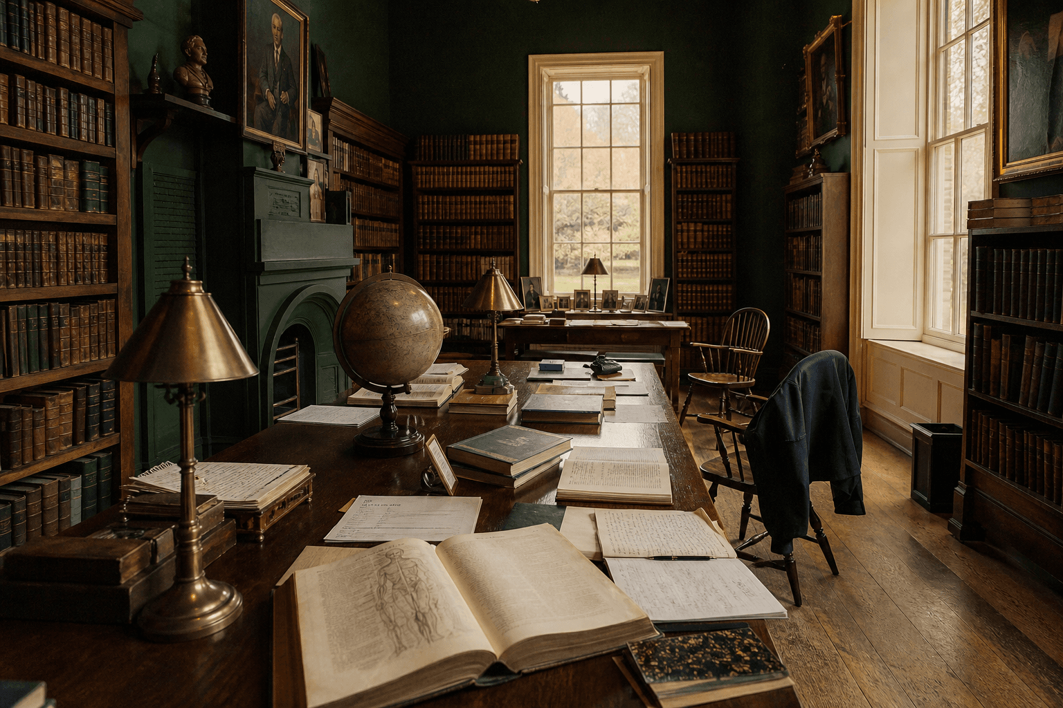A scholarly reading room with open manuscripts and natural light