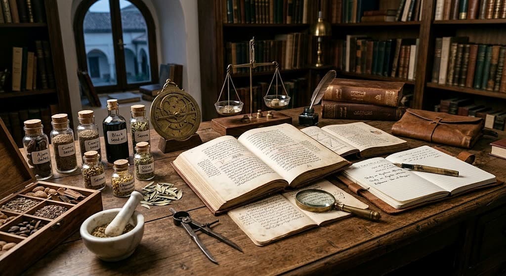 Research table — manuscripts, instruments, and natural specimens arranged for scholarly study