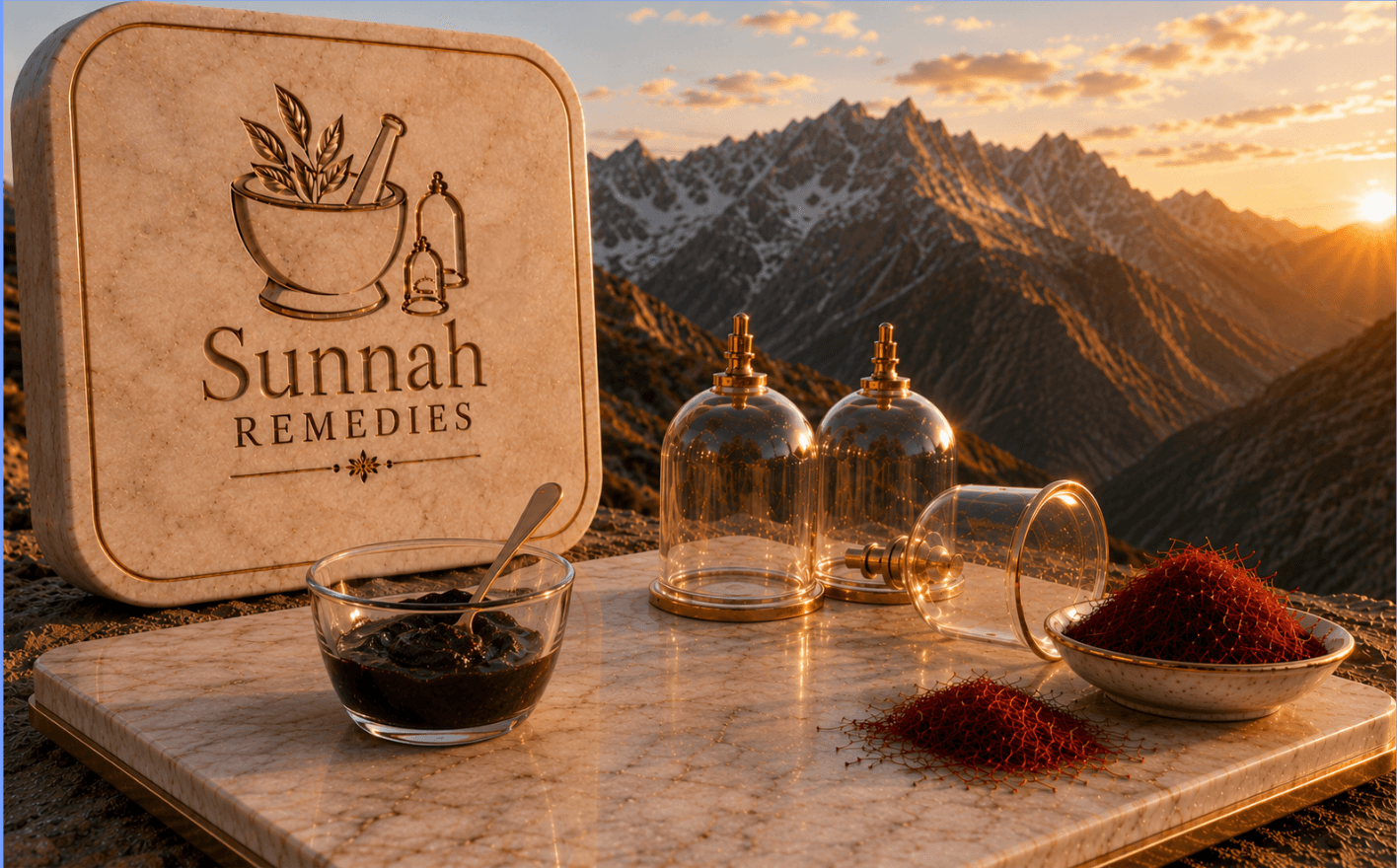 Sunnah Remedies heritage collection — saffron, shilajit, and hijama cupping vessels on a marble slab against a mountain sunset