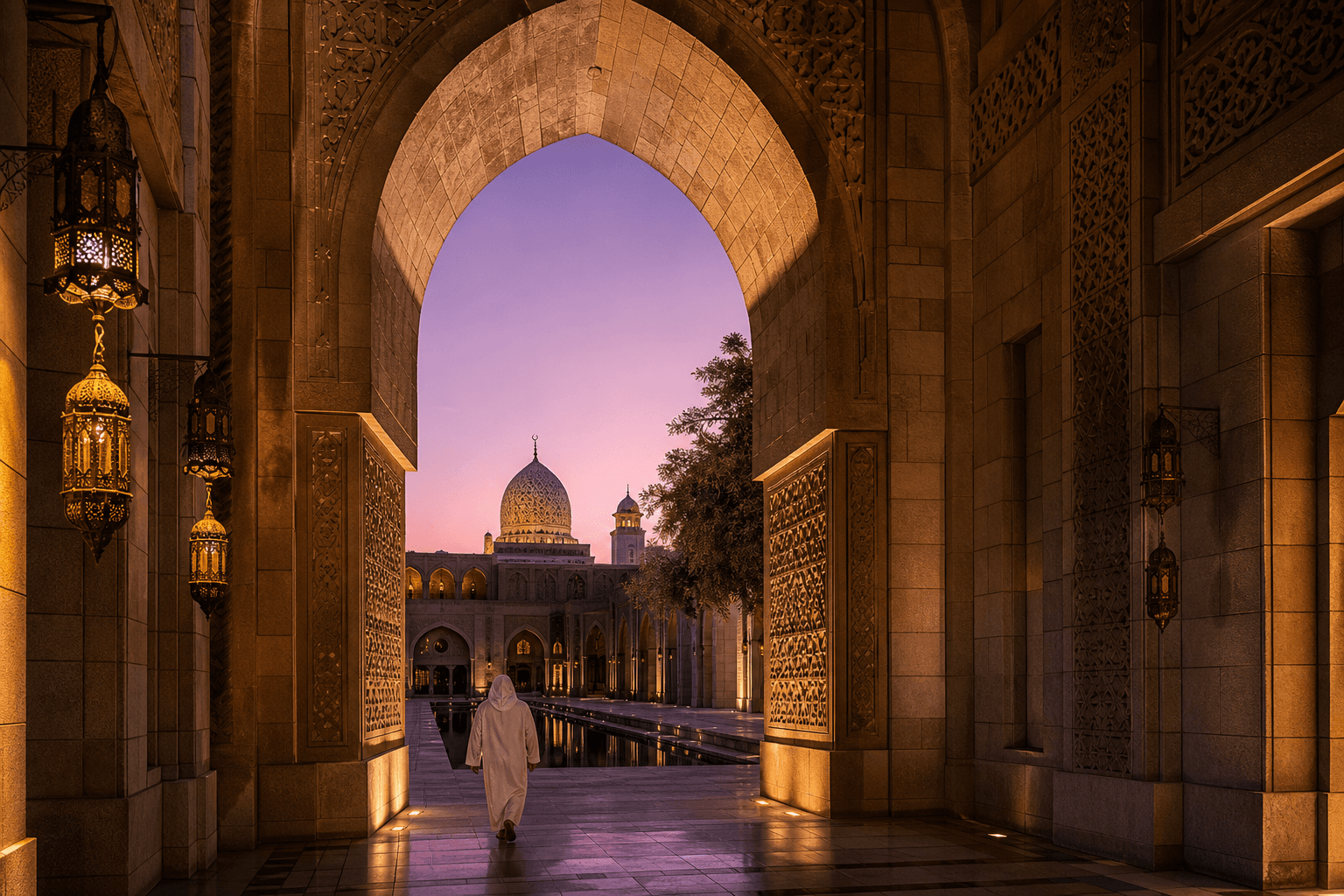 Ancient Islamic architecture at twilight — a stone archway leading to a quiet courtyard with lanterns casting warm light