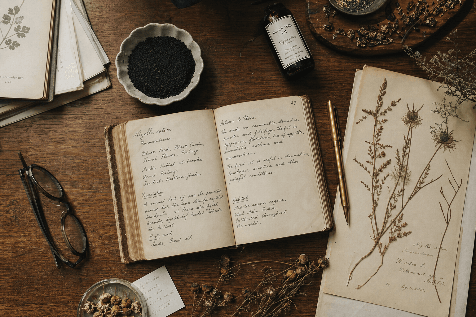 A scholar's research desk with botanical journal on Nigella sativa, pressed specimens, and black seeds