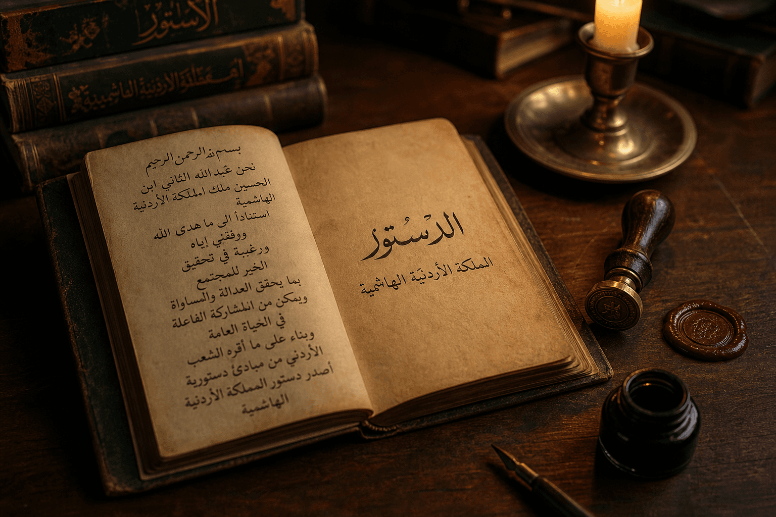 An aged leather-bound charter document with Arabic calligraphy, brass seal, and candlelight