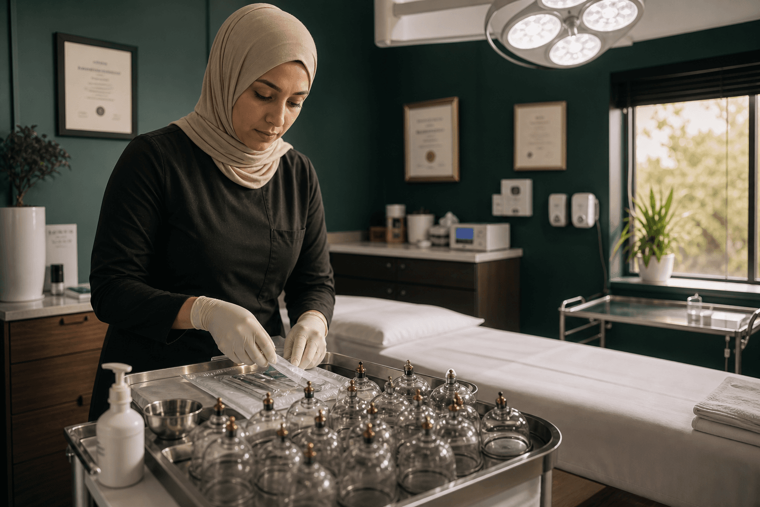 A clinical practitioner preparing sterile cupping equipment in a professional treatment room