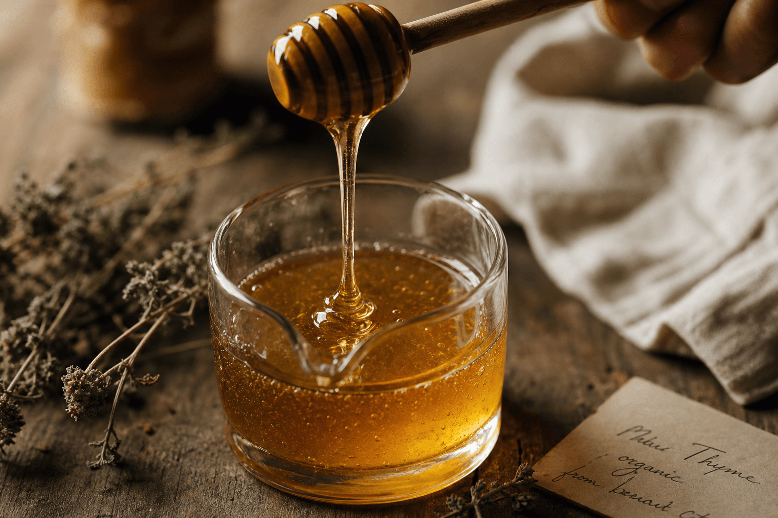 Golden honey in a glass vessel beside dried herbs
