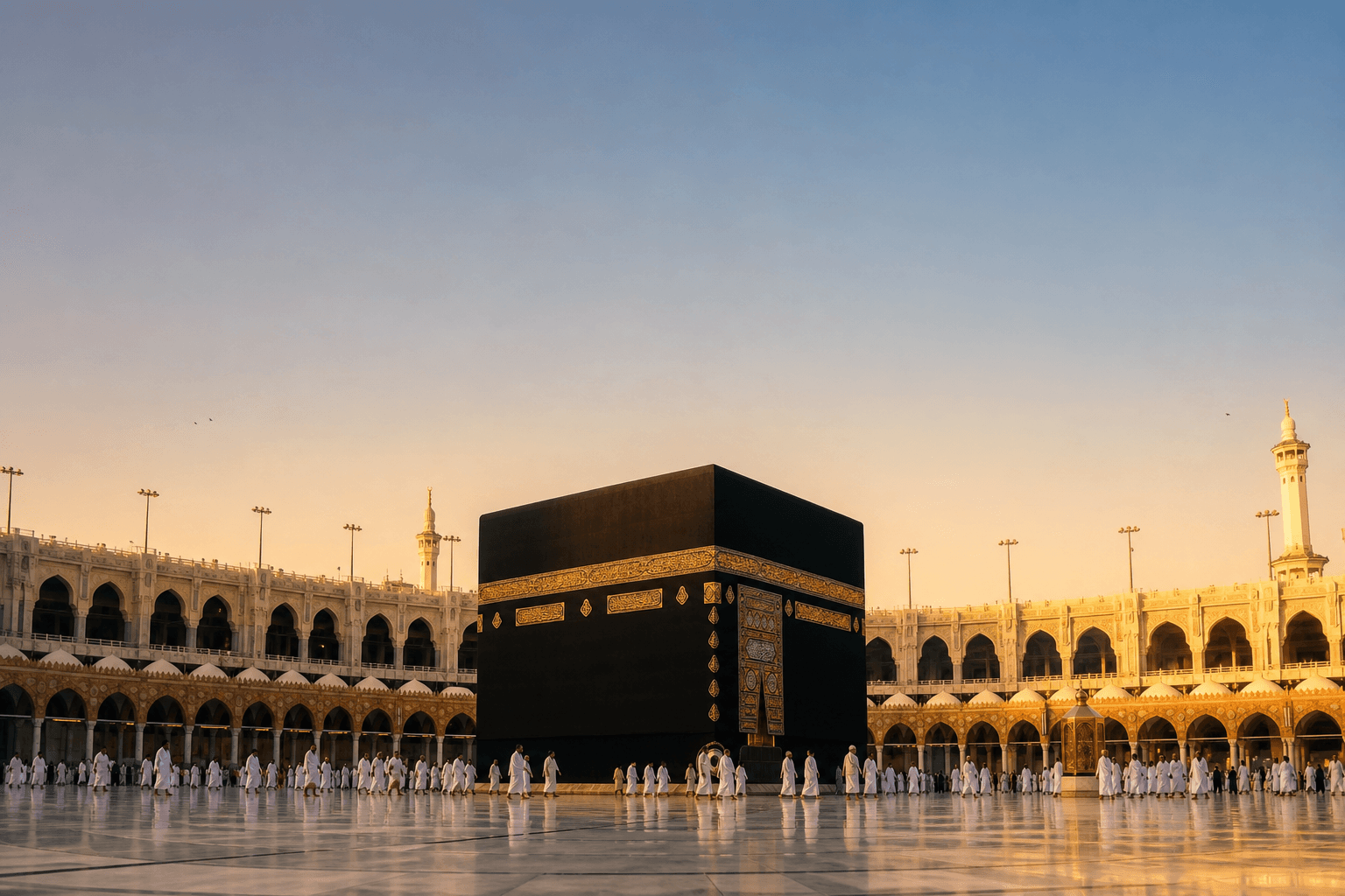 The Kaabah at golden hour — pilgrims in white ihram performing tawaf across polished marble, soft amber light reflecting off the courtyard
