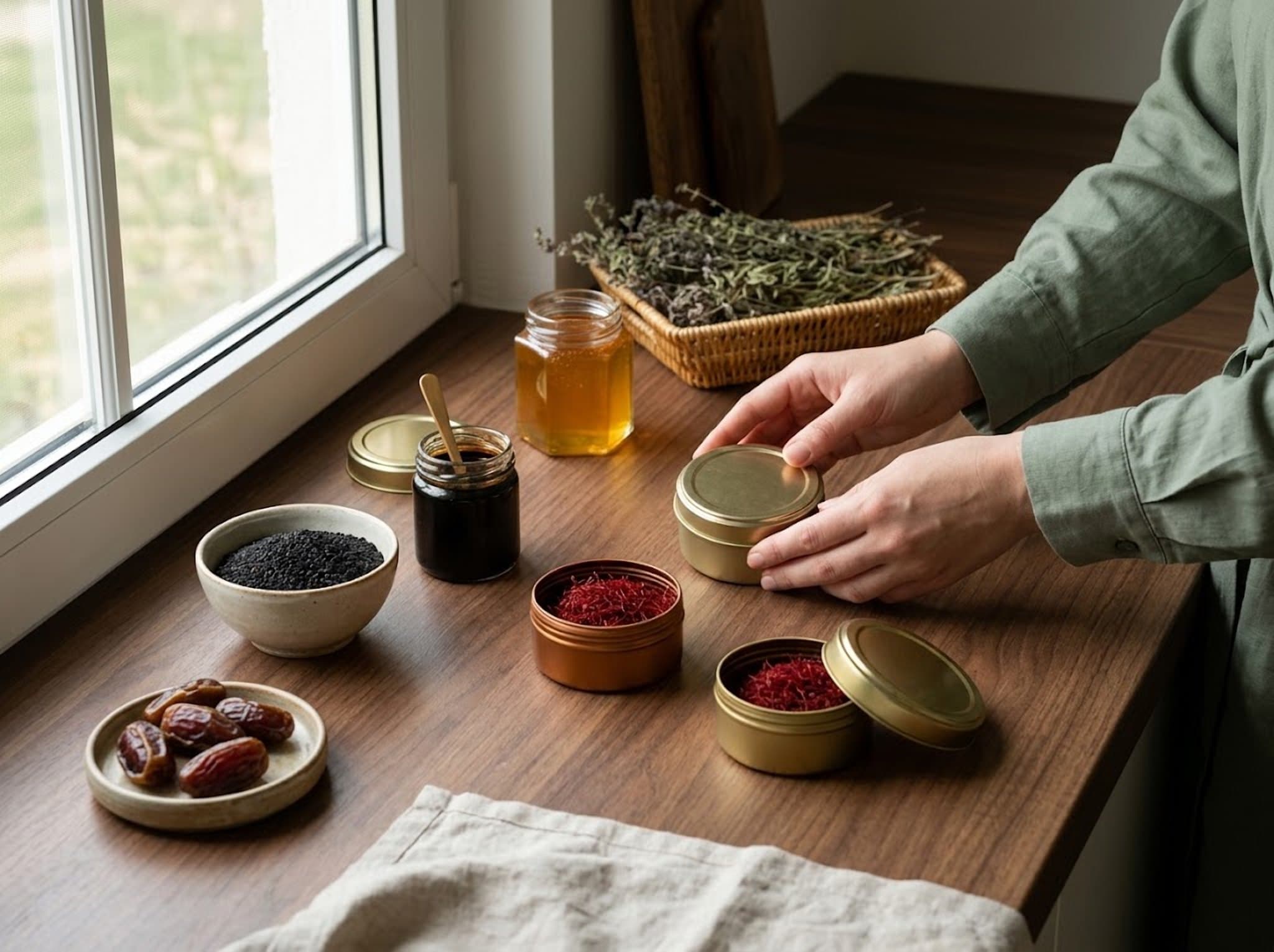 Hands arranging saffron tins beside honey, black seed and dates