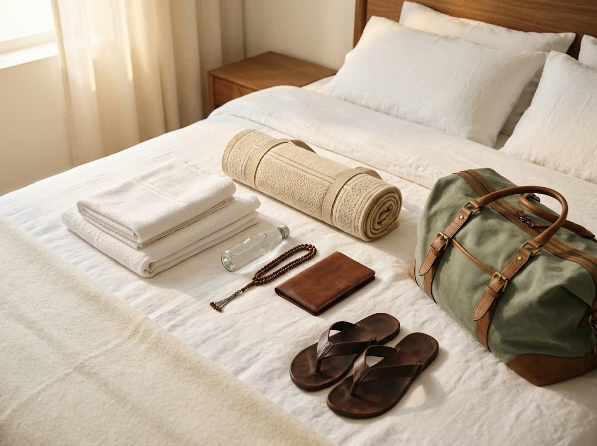 White cloths, prayer beads, sandals and a travel bag laid out on a bed