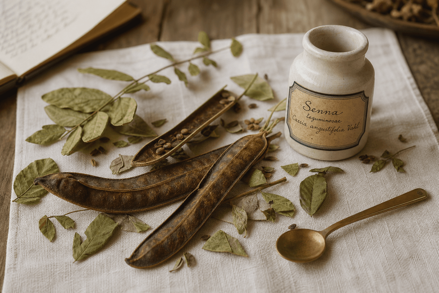 Dried senna pods and leaves arranged on ivory linen beside a ceramic apothecary jar